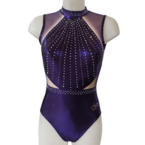 Turnanzug Tansanit, ärmellos, Violett mit Strasssteinen und Metallic-Glanz