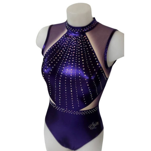 Turnanzug Tansanit, ärmellos, Violett mit Strasssteinen und Metallic-Glanz