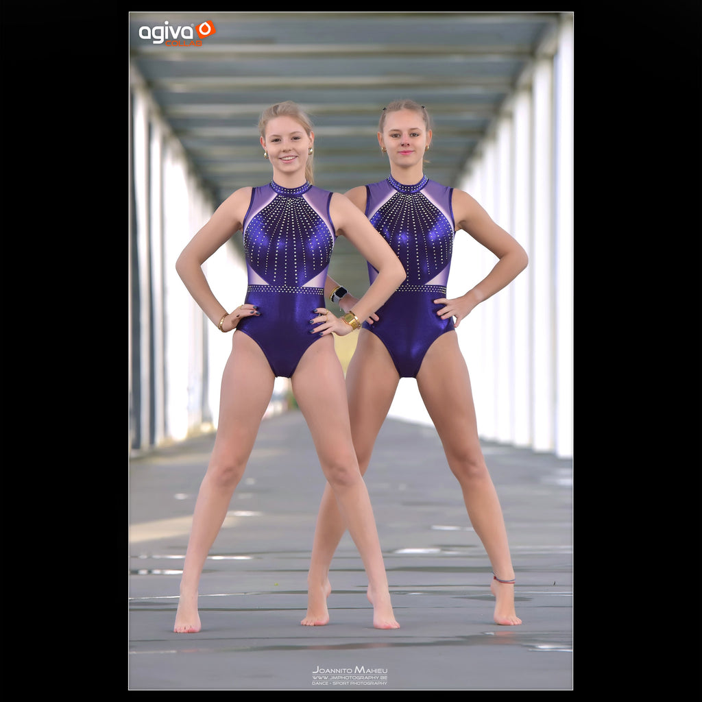 Turnanzug Tansanit, ärmellos, Violett mit Strasssteinen und Metallic-Glanz